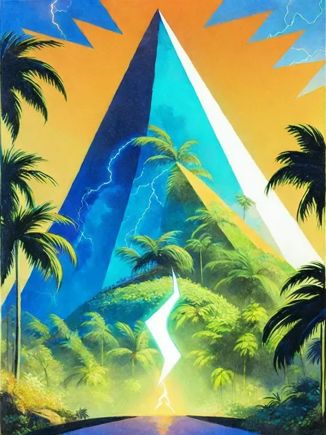 <lora:RalphBakshi:1>a painting of a pyramid in the jungle with a lightning bolt coming out of it by Ralph Bakshi