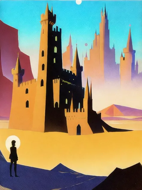 <lora:RalphBakshi:1>a painting of a castle in the middle of a desert with a person standing in front of it by Ralph Bakshi
