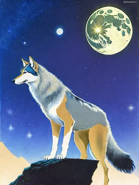 <lora:RalphBakshi:1>a painting of a wolf standing on a cliff with a full moon in the background by Ralph Bakshi