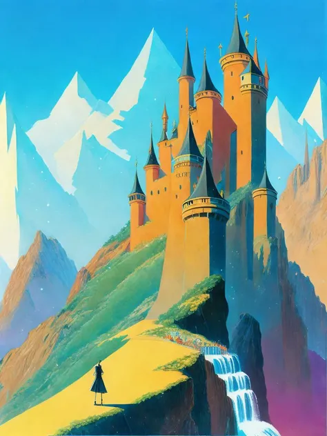 <lora:RalphBakshi:1>a painting of a castle in the middle of a mountain with a person standing in front of it by Ralph Bakshi