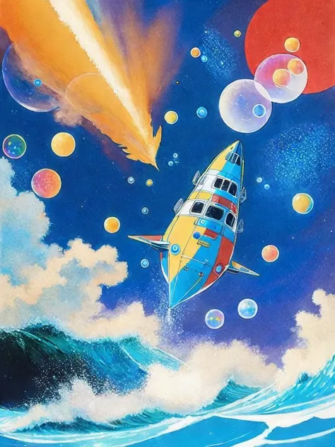 <lora:RalphBakshi:1>a painting of a space ship in the middle of the ocean with a lot of bubbles coming out of it by Ralph Bakshi