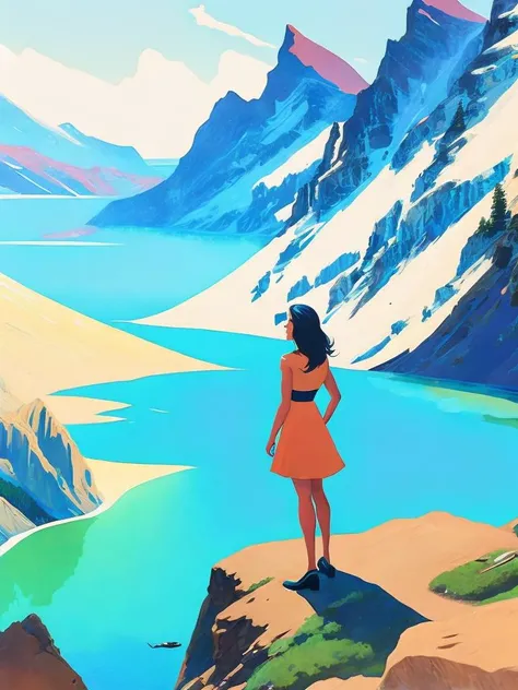 <lora:RalphBakshi:1>a painting of a woman standing on top of a mountain next to a body of water by Ralph Bakshi