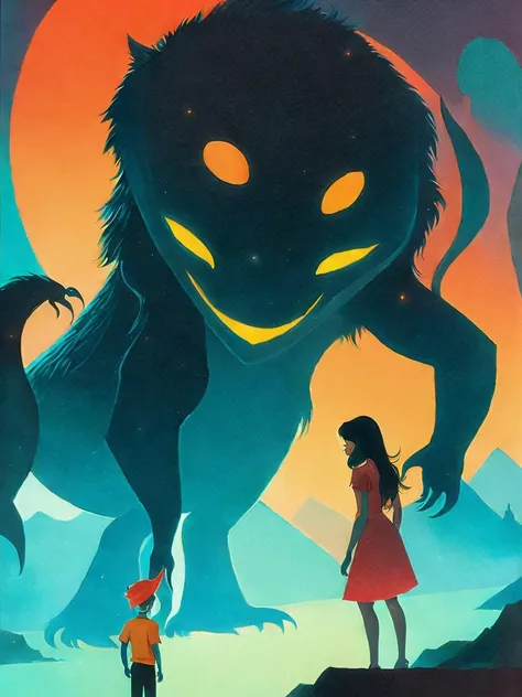 <lora:RalphBakshi:1>a painting of a woman looking at a giant creature with glowing eyes and a small boy standing in front of it by Ralph Bakshi
