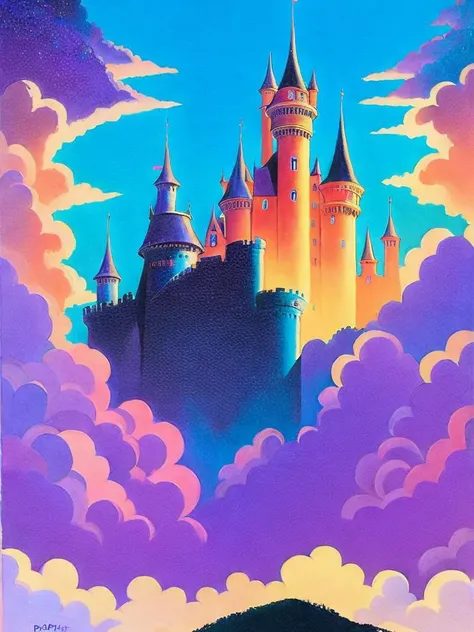 A painting of a castle in the clouds with a sky background - SeaArt AI