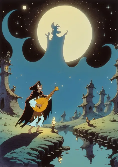 <lora:Ralph Bakshi Style:1> Ralph Bakshi Style - a bard with a lute and a cloak of stars serenades wandering spirits at a moonlit crossroads in a mystical realm, ralph bakshi animated movie cartoon stills