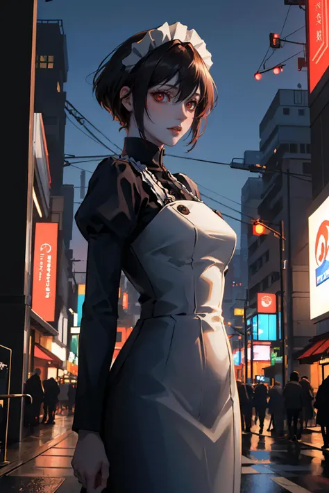masterpiece, best quality, absurdres, beautiful,
<lora:mary-sh-richy-v1:1> mary, maid, maid headdress, colored skin, pale skin, standing, looking at viewer, cyberpunk city, night