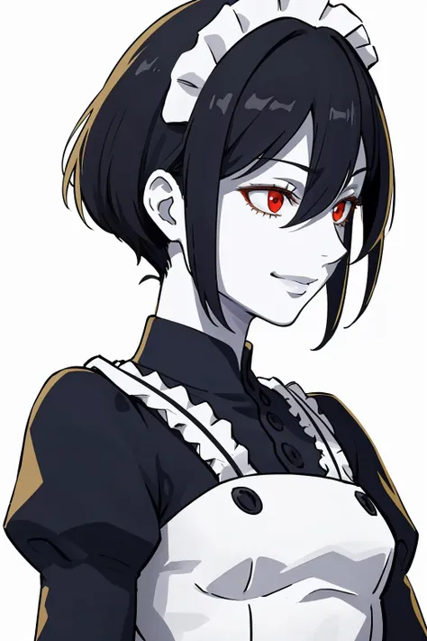 masterpiece, best quality, 1girl, solo, <lora:mary-sh-richy-v1:1> mary, maid, maid headdress, pale skin, colored skin, standing, smirk, looking away, white background, upper body
