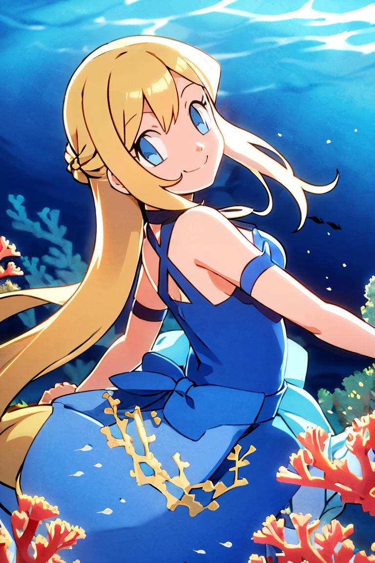 <lora:noelia_ponce_style:0.8>,centered, award winning photo, (looking at viewer:1.2), | | underwater, bubbles, coral reef, | bokeh, depth of field, cinematic composition, | <lora:Squirtle_Pokemon:0.8> 1girl, blue eyes, smile, very long hair, blonde hair, long blonde hair,( french braid:1.1), bangs, medium breasts, hair ribbon, frilled choker, criss-cross halter, (blue dress:1.1), sleeveless dress, high-waist skirt, backless dress, waist bow, black detached sleeves, frilled sleeves,