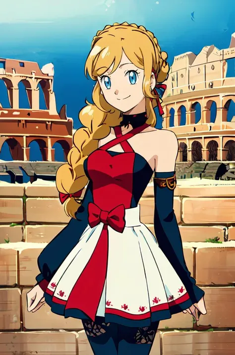 ultra detailed, masterpiece, best quality, 
solo, blue theme, soft smile, light smile, cowboy shot, (colosseum:1.3), 
1girl, blue eyes, very long hair, blonde hair, long blonde hair, french braid, bangs, medium breasts,
hair ribbon, frilled choker, criss-cross halter, sleeveless dress, high-waist skirt, backless dress, waist bow, detached sleeves, frilled sleeves, wide sleeves, black pantyhose, patterned legwear, mary janes, <lora:noelia_ponce_style:1> noelia ponce,