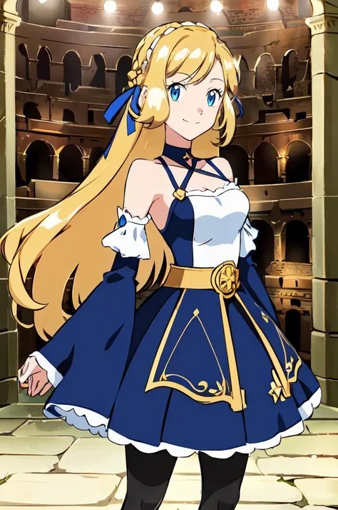 ultra detailed, masterpiece, best quality, 
solo, blue theme, soft smile, light smile, cowboy shot, (colosseum:1.3), 
1girl, blue eyes, very long hair, blonde hair, long blonde hair, french braid, bangs, medium breasts,
hair ribbon, frilled choker, criss-cross halter, sleeveless dress, high-waist skirt, backless dress, waist bow, detached sleeves, frilled sleeves, wide sleeves, black pantyhose, patterned legwear, mary janes, <lora:noelia_ponce_style:0.8> noelia ponce,