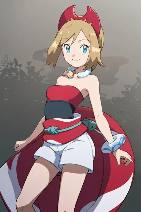 <lora:noelia_ponce_style:0.8>,((masterpiece,best quality)), absurdres, <lora:irida_(pokemon)_v1:0.7>, aairida, short hair, red hairband, neck ring, collar, strapless shirt, red shirt, bracelet, sash, waist cape, white shorts, bare legs, solo, smiling, looking at viewer, cowboy shot, cinematic composition, contrapposto,