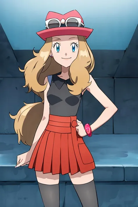 <lora:noelia_ponce_style:0.8>,((masterpiece,best quality)), absurdres,  <lora:serena_v1:0.7>,  serena \(pokemon\), 1girl, long hair, blue eyes,  thighhighs, long hair, hat, jewelry, bracelet, black thighhighs, collared shirt, pleated skirt, red skirt, sleeveless, high-waist skirt, sleeveless shirt, eyelashes, pink headwear, black shirt, eyewear on headwear, solo, smiling, looking at viewer, cowboy shot,  cinematic composition, contrapposto,