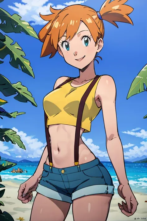 ((masterpiece,best quality)), absurdres,
Misty_Pokemon, yellow crop top, suspenders, side ponytail, orange hair, denim shorts,
solo, smiling, blushing, looking at viewer, cowboy shot, from behind,
cinematic composition, contrapposto,
tropical beach,