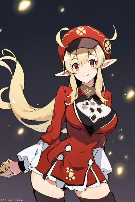 <lora:Zankuro_Style_v4:0.6>,((masterpiece,best quality)), absurdres, <lora:Adult_Klee_Genshin:0.8>, Adult_Klee_Genshin, busty, pointy ears, red hat, solo, smiling, looking at viewer, cowboy shot,