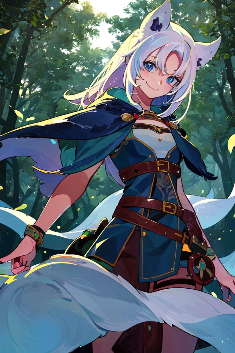 <lora:hoshino_fuuta_style:0.8>,((masterpiece,best quality)), absurdres, <lora:Solise_AFK:0.7>, Solise_AFK, solo, smiling, looking at viewer, cowboy shot, forest in background, cinematic composition, dynamic pose,