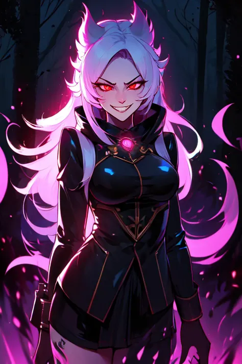 masterpiece,best quality,absurdres,high details,amazing body,at distance,cowboy shot,posing,flirting,(playful gaze, smirking:1.1),1girl,fairy forest,<lora:Solise_AFK:0.7>,solise_afk,<lora:dark_persona_v1:0.7>,dark_persona_lora,evil smile,(dark persona),evil grin,corruption,corrupted,dark aura,crotch tattoo,possesed by demon,possesed,uniform,latex,<lora:wrenchsfantasy:0.7>,wrenchsfantasy,fantasy,glowing,glowing eyes,red eyes,