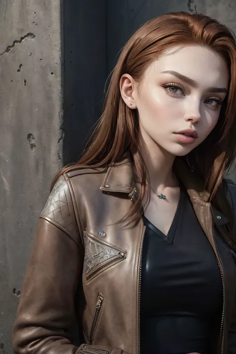closeup headshot of S157_RenataRi, an attractive woman, in front of a (concrete-wall:1.1), wearing a (leather-jacket:1.2), (8k, RAW photo, best quality, depth of field, ultra high res:1.2), (absurdres, intricate, photorealistic, masterpiece, ultra-detailed:1.3)