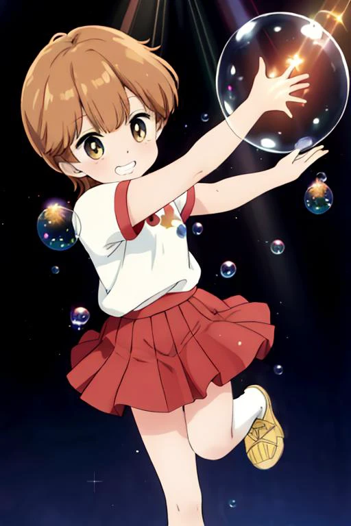 (masterpiece, best quality),<lora:GoodHands-vanilla:0.7> <lora:anmnr01:0.3> <lora:add_detail:0.5>, solo, looking at right hand,stylish angle,<lora:kazukiV1:0.7>,kazuki smile,lightbrown hair,open arm diagonal ,bend right knee,stretch left leg,red pleats skirt,(stand with legs apart,A flash of light comes from the left hand),particle effect,soap bubble background