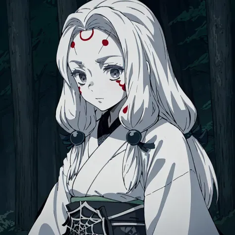 <lora:Spider_Demon_Daughter-10:1>outdoor,forest,high quality,Masterpeace,Spider_Demon_Daughter, 1girl, solo, long hair,hair ornament, white hair, japanese clothes, wide sleeves, kimono, grey eyes, facial mark, silk, spider web print