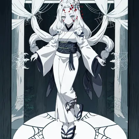 <lora:Spider_Demon_Daughter-10:1>outdoor,forest,high quality,Masterpeace,Spider_Demon_Daughter, 1girl, solo, long hair,hair ornament, white hair, japanese clothes, wide sleeves, white kimono, grey eyes, facial mark, silk, spider web print,sandals,full body,standing