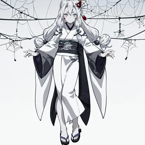 <lora:Spider_Demon_Daughter-10:1>outdoor,forest,high quality,Masterpeace,Spider_Demon_Daughter, 1girl, solo, long hair,hair ornament, white hair, japanese clothes, wide sleeves, kimono, grey eyes, facial mark, silk, spider web print,white obi,sandals