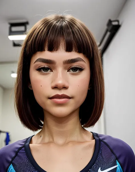 Zendaya Egyptian Bob Hairstyle, <lora:Zenday4:0.8>, <lora:egyptian_bob_hairstyle:0.4>, professional interior flash-fill lighting, (masterpiece), (8K UHD highly detailed digital extremely high quality RAW color photograph), beautiful design, shiny, from the front, award winning photo, extremely detailed, amazing, fine detail, absurdres, highly detailed, extremely detailed Hazel eyes, rich colors, dramatic lighting, 1girl, expressive look, (smiling seductively, sexy lips), HDR, sharp focus, looking at viewer, facing viewer, (Hazel eyes) beautifully detailed, Zendaya in a (Nike workout clothes) standing in a high-end workout gym, professional DSLR candid photo by (lee jeffries), sharp focus, matte, <lora:epi_noiseoffset2:0.4>, <lora:add_detail:0.4>