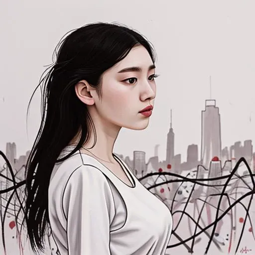 high quality, masterpiece, detailed, (25yo woman:1.3), exterior, <lora:line:0.7> wu_line, (abstract:1.2), white background, high quality, detailed, (25yo woman:1.1), (buildings in background:0.4),