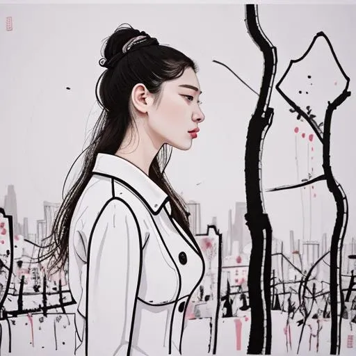 high quality, masterpiece, detailed, (25yo woman:1.3), exterior, <lora:line:0.7> wu_line, (abstract:1.2), white background, high quality, detailed, (25yo woman:1.1), (buildings in background:0.4),