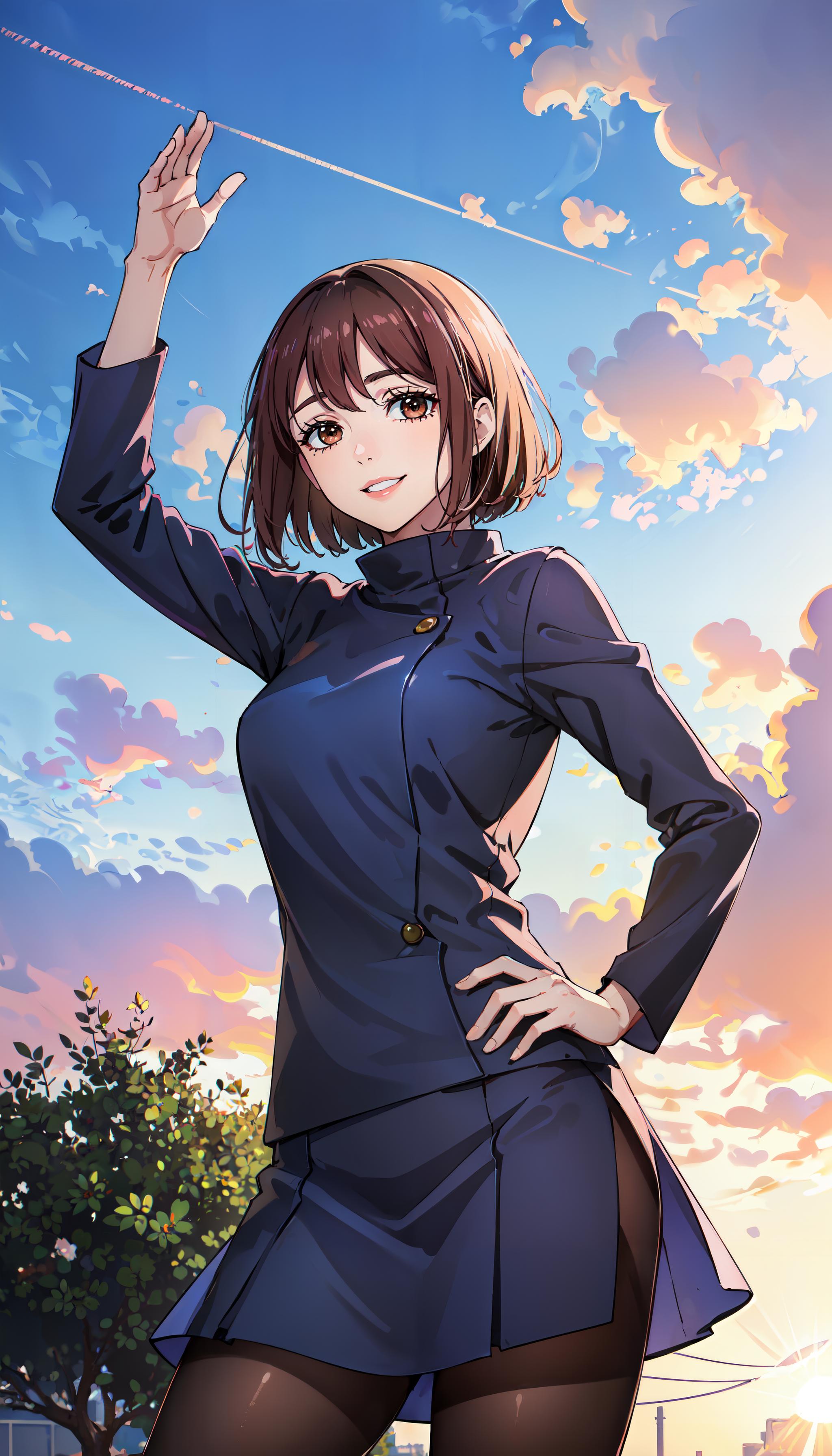 Anime girl in uniform flying a kite in the sky - SeaArt AI