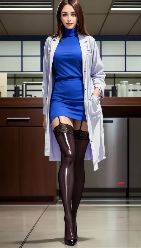45 year old female with auburn hair and glasses, wearing latex nurse dress filling syringe with liquid from medicine bottle