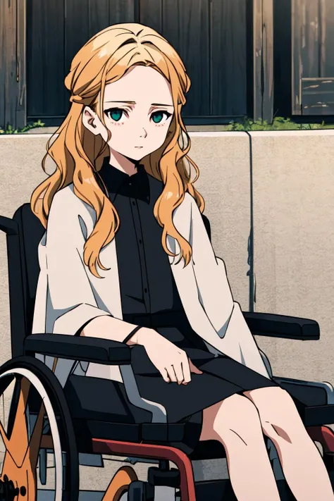 nora,1girl,solo,looking at viewer,expressionless,wheelchair,sitting,cloak,black skirt,black shirt, <lora:Nora:0.7>,