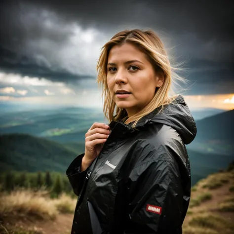 TaraReid, an attractive woman beautiful woman, on a (mountain-top), wearing a raincoat, looking at cameraman, (heavy-rainstorm:1.1), 24mm, 4k textures, soft cinematic light, adobe lightroom, photolab, hdr clouds, intricate, elegant, highly detailed, sharp focus, ((((cinematic look)))), soothing tones, insane details, intricate details, hyperdetailed, low contrast, soft cinematic light, exposure blend, hdr,