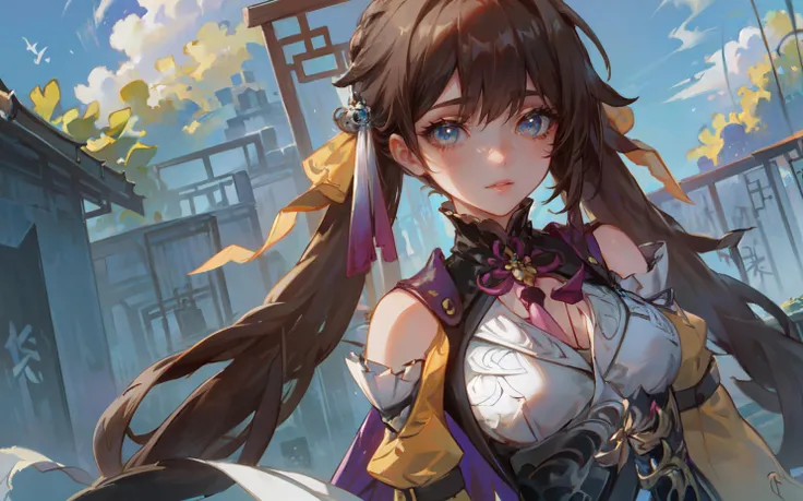 (masterpiece, best quality, ultra detailed, beautiful illustration), (oil painting:1.4), atmospheric perspective, (chinese atmosphere, elaborate atmosphere:1.4), depth of field, looking at viewer, beautiful detailed eyes, 1girl, (portrait, close-up:0.7), sexy pose, dynamic angle, smile, (medium breasts), (outdoors:1.5, chinese buildings:1.5, blue sky:1.5, clouds:1.5), <lora:SushangV4-10:1> SushangV4, long hair, hair ornament, long sleeves, dress, cleavage, bare shoulders, braid, chinese clothes