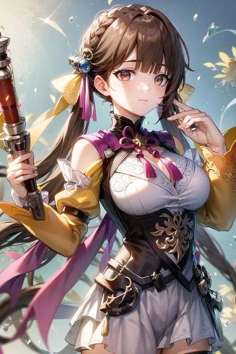 masterpiece, best quality, SushangV4, 1girl, solo, long hair, breasts, large breasts, hair ornament, long sleeves, dress, holding, cleavage, bare shoulders, closed mouth, weapon, braid, chinese clothes, <lora:SushangV4-10:0.7>