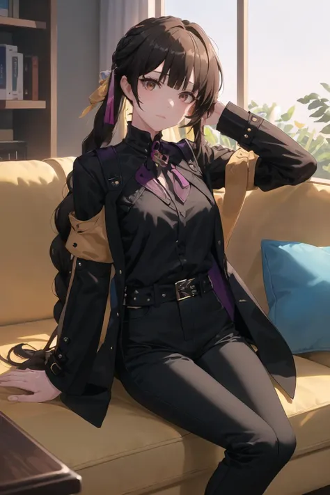 masterpiece, best quality, SushangV4, 1girl, solo, long hair, ((black shirt, sleeves past wrist, black pants, shiny, shiny skin, long coat, black coat:1.3)), upper body, closed mouth, braid, indoors, sitting, couch, window, arms behind head, arm up, <lora:SushangV4-10:0.7>
