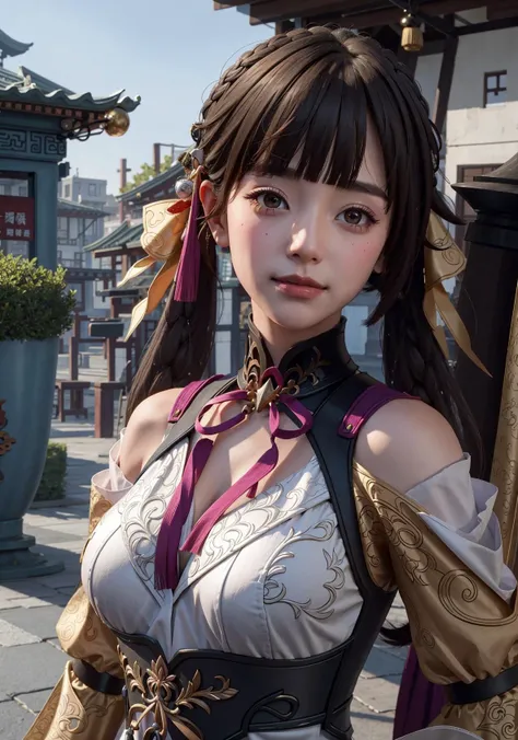 {best quality}, {{masterpiece}}, {highres}, original, extremely detailed 8K wallpaper, {an extremely delicate and beautiful}, solo,
(1girl:1.1), nice hands, looking at viewer, (shy:1.1), (cute:1.1), smile ,SushangV4, (detailed face:1.2), Jiangnan, China, (closed mouth:1.4), perspective, hair ornament, braid, teenage, outline, fountain, shop, outdoors, East Asian architecture, restaurant, shanty town, (bare shoulders:1.3), blush, large breasts, (cleavage:1.1), (blunt bangs:1.1),