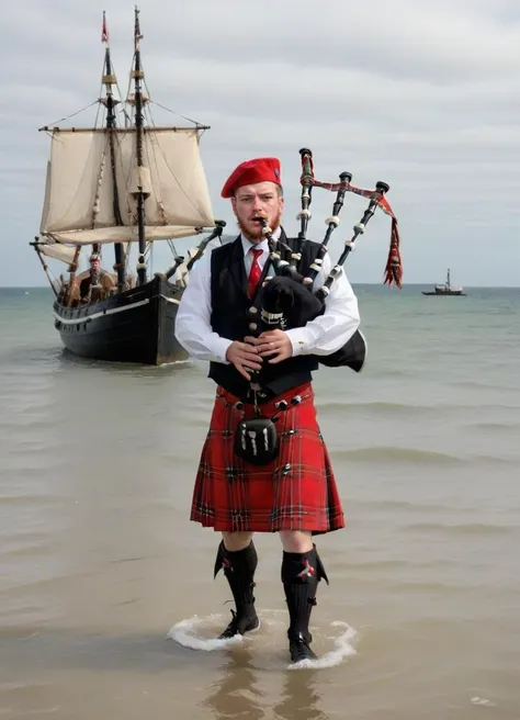 <lora:Bagpipes_-_Instrument_SDXL:0.8> person playing bgpps, sailor standing in the water, sea, water up to the waist, playing bagpipes, sinking ship in the background, red hat,
