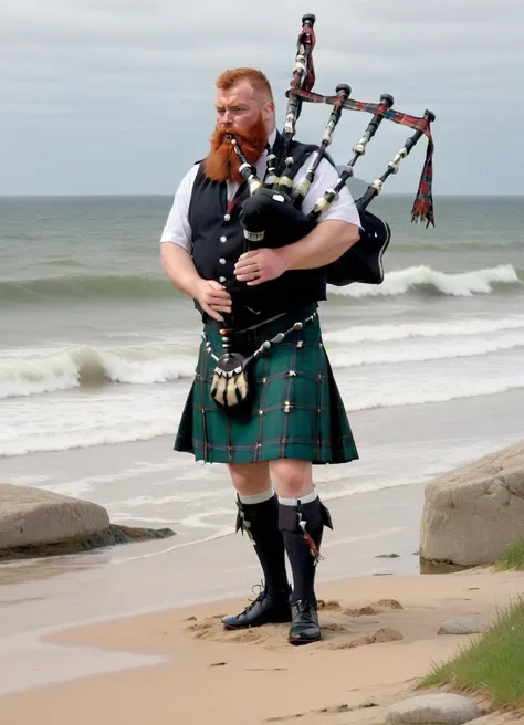 <lora:Bagpipes_-_Instrument_SDXL:0.8> a person playing bgpps, big man with a red beard standing ant the shore, playing bagpipes, checkered kilt, muscular legs, long hair, green gras, sand and stones, high waves,