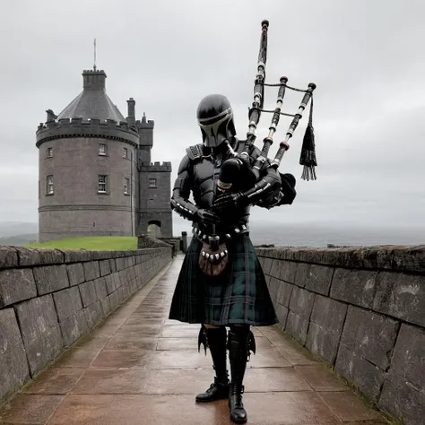 (Xenomorph playing bgpps) standing on the battlements of a scottish highland castle, bgpps, bagpipes, castle, highlands, rain, alien, by hr giger, High quality 3D rendering, fantasy, Pixar 3D character design style, ZBrush high-polygon modeling,