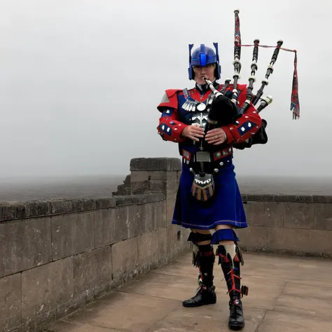 (Optimus Prime playing bgpps) standing on the battlements of a scottish highland castle, bgpps, bagpipes, castle, highlands, rain, transformer, robot,  High quality 3D rendering, fantasy, Pixar 3D character design style, ZBrush high-polygon modeling,