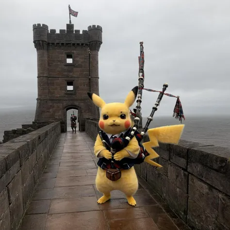 (Pikachu playing bgpps) standing on the battlements of a scottish highland castle, bgpps, bagpipes, castle, highlands, rain, High quality 3D rendering, fantasy, Pixar 3D character design style, ZBrush high-polygon modeling,
