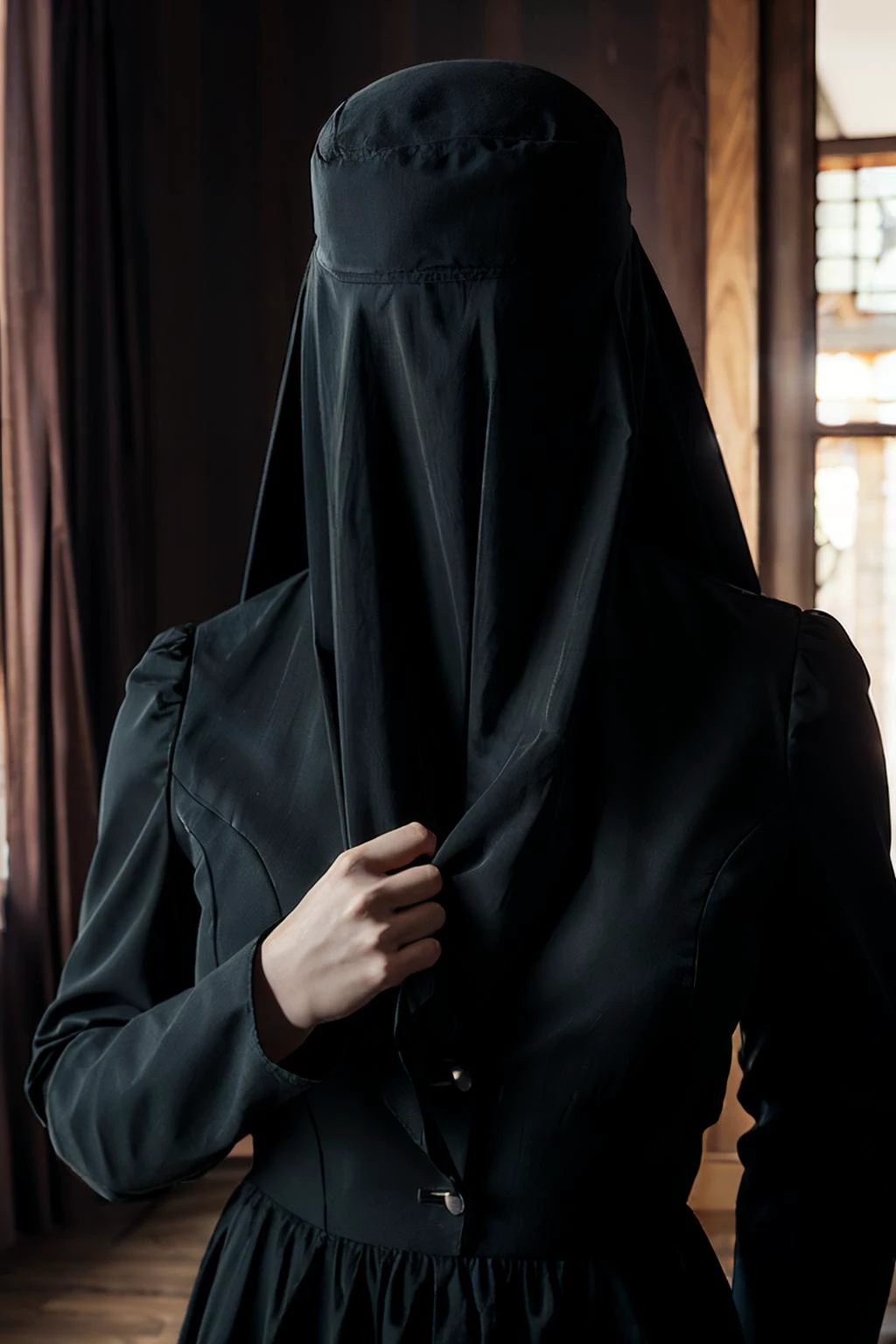 Donna, faceless veil, black dress, long sleeves, looking at viewer, close up, inside living room, soft lighting, high quality, masterpiece, <lora:donnabeneviento:.8> horror,