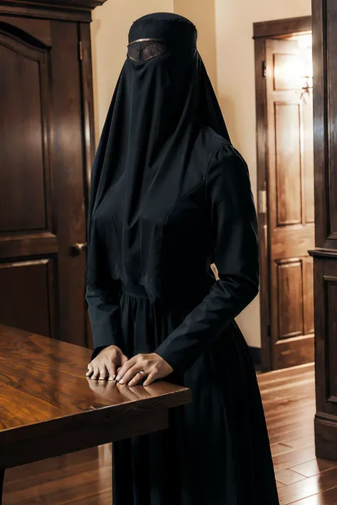 Donna, faceless veil, long black dress, long sleeves, looking at viewer, standing, holding hands, inside dark room, table, high quality, masterpiece,  <lora:donnabeneviento:.8>