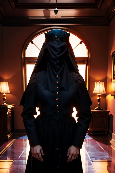 Donna,faceless veil, long black dress, long sleeves,looking at viewer,standing, medium shot, inside, living room, night time, soft lighting, high quality, masterpiece, <lora:donnabeneviento:.8>