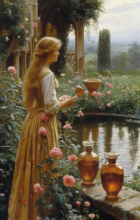 masterpiece,best quality,<lora:tbh201-sdxl:0.9>,illustration,style of Edmund Leighton
 A bottle of perfume in garden