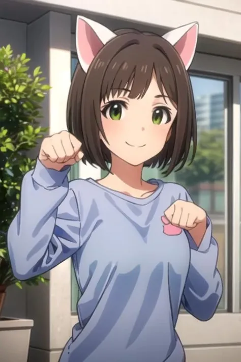 (((pixel-perfect, detail-perfect))), solo, 1girl, <lora:miku-idolmaster-01:0.8>, miku maekawa, shirt, cat ears, paw pose, smile, looking at viewer