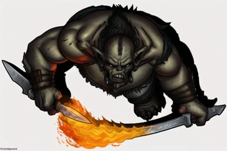 dndtoken, an orc with a flaming sword, ((white background)) <lora:dndtoken_v101:0.9>