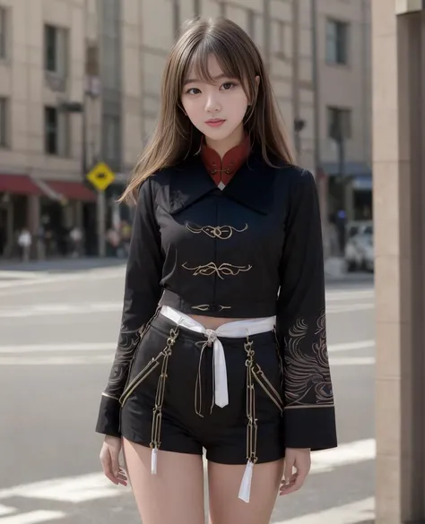 1girl, masterpiece, young, full body, photo of a Hu Tao ,18 years,  mini shorts, black jacket, long wide sleeves, looking at viewer, [celebrity:pop idol:actress:european] face, against the backdrop of urban landscapes,  (pureerosface_v1:0.17), sexy, cute, solo, best quality, (professional color correction), ultra high res, ultra detailed, realistic , outdoors,  <lora:HuTaoRealistic_e2_46_768_v2:0.66>