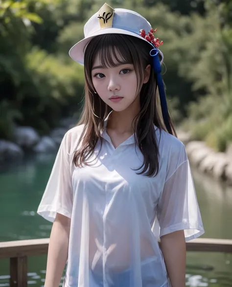 1girl, (masterpiece), young, photo of a beautiful girl as (Hu Tao)  , dressed only in a translucent wet white shirt, hat, [ celebrity:actress:european] face, absurd,  smooth, long messy hair, looking at viewer, outdoors, sexy, cute, solo, best quality, (professional color correction), ultra high res, ultra detailed,(realistic:1.3), <lora:HuTaoRealistic_e2_46_768_v2:0.65> , <lora:epi_noiseoffset2:0.5>