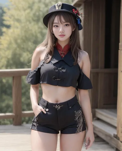 1girl, masterpiece, young, full body, photo of a Hu Tao ,18 years,  mini shorts, black jacket,hat,  looking at viewer, [celebrity:pop idol:actress:european] face, (alpine meadows),  bare shoulders,  (pureerosface_v1:0.17), sexy, cute, solo, best quality, (professional color correction), ultra high res, ultra detailed, realistic , outdoors,  <lora:HuTaoRealistic_e2_46_768_v2:0.66>
